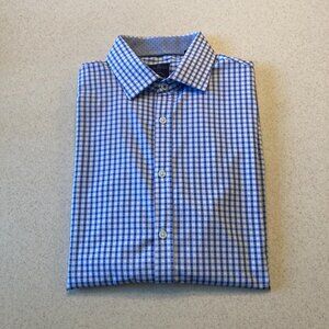 Construct Blue and White Gingham Mens Shirt Size 17/34-35 Slim Fit 4 Way Stretch